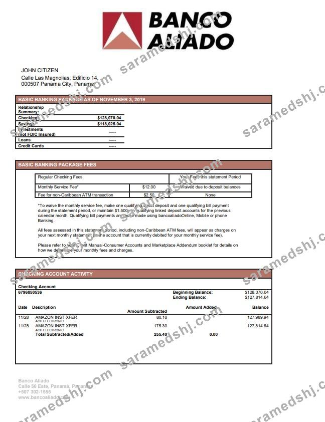 Panama Banco Aliado bank statement